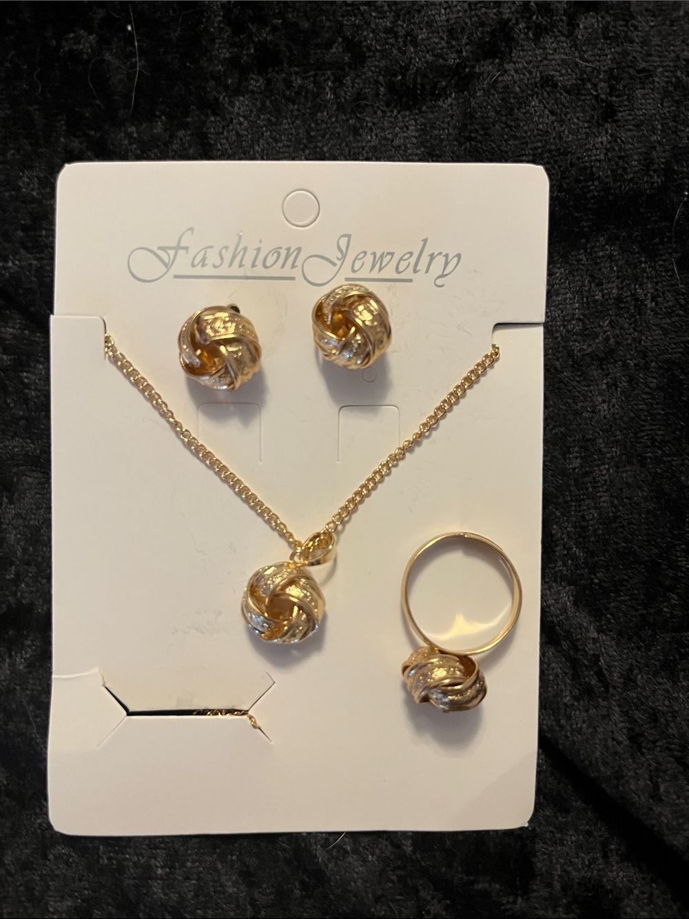 Fashion Jewelry Gold Knot Necklace, Earrings & Ring Set